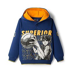 Pine Kids Knit Full Sleeves Hooded Sweatshirt With Basketball Print - Navy Blue