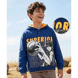Pine Kids Knit Full Sleeves Hooded Sweatshirt With Basketball Print - Navy Blue