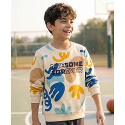Pine Kids Knit Full Sleeves Sweatshirt With Awesome Forever Text Print - Cream