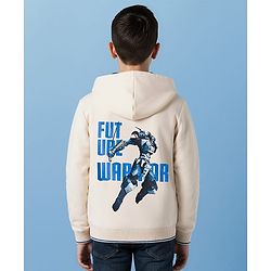Pine Kids Knit Full Sleeves Hooded SweatJacket with Front & Back Text Graphic - Off White