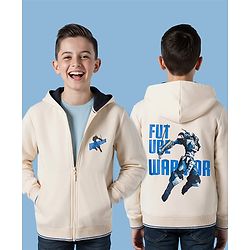 Pine Kids Knit Full Sleeves Hooded SweatJacket with Front & Back Text Graphic - Off White