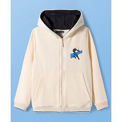 Pine Kids Knit Full Sleeves Hooded SweatJacket with Front & Back Text Graphic - Off White