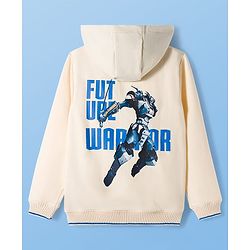 Pine Kids Knit Full Sleeves Hooded SweatJacket with Front & Back Text Graphic - Off White