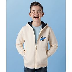 Pine Kids Knit Full Sleeves Hooded SweatJacket with Front & Back Text Graphic - Off White