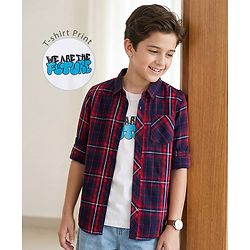 Pine Kids Cotton Woven Full Sleeves Check Shirt with Inner T-Shirt - Red & White