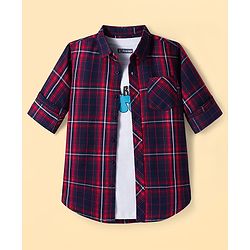 Pine Kids Cotton Woven Full Sleeves Check Shirt with Inner T-Shirt - Red & White