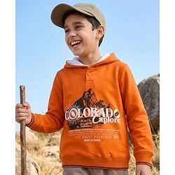 Pine Kids Knit Full Sleeves Hooded Sweatshirts With Colorado Text Print - Orange