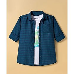 Pine Kids Cotton Woven Full Sleeves Checks Shirt with T-Shirt - Dark Green
