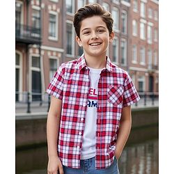Pine Kids Cotton Woven Half Sleeves Checks Shirt With T-Shirt - Multicolour