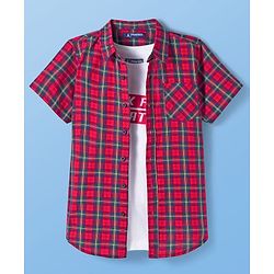 Pine Kids Cotton Woven Half Sleeves Checkered Shirt With T-Shirt - Red
