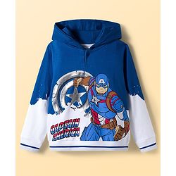 Pine Kids Marvel Fleece Knit Full Sleeves Hooded Sweatshirt With Captain America Graphics & Foil Print Detailing - Blue & White
