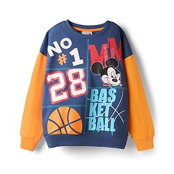 Pine Kids Disney Terry Knit Drop Shoulder Full Sleeves Oversized Sweatshirt With Mickey & Friends Graphics & Thread Overlock Detailing - Navy Blue