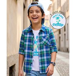 Pine Kids Cotton Woven Full Sleeves Checks Shirt With Printed T-Shirt - Navy Blue