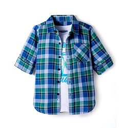 Pine Kids Cotton Woven Full Sleeves Checks Shirt With Printed T-Shirt - Navy Blue