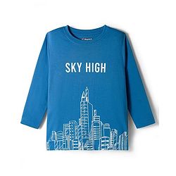 Pine Kids Cotton Knit Full Sleeves T-Shirt With Sky High Text Print - Blue