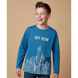 Pine Kids Cotton Knit Full Sleeves T-Shirt With Sky High Text Print - Blue