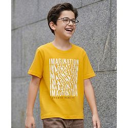 Pine Kids Cotton Knit Half Sleeves T-Shirt With Imagination Text Print - Golden