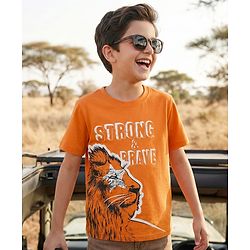 Pine Kids Cotton Knit Half Sleeves T-Shirt With Animal & Strong & Brave Text Print - Orange
