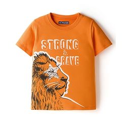 Pine Kids Cotton Knit Half Sleeves T-Shirt With Animal & Strong & Brave Text Print - Orange