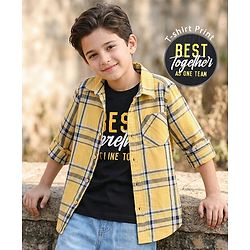 Pine Kids Cotton Woven Full Sleeves Checkered Shirt With T-Shirt - Yellow
