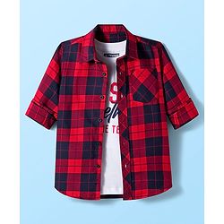 Pine Kids Cotton Woven Full Sleeves Checkered Shirt With T-Shirt - Red