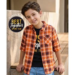 Pine Kids Cotton Woven Full Sleeves Checks Shirt With Text Print T-Shirt  - Orange