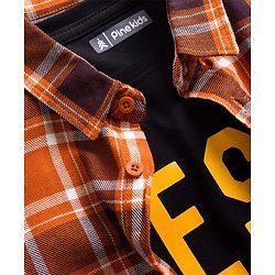 Pine Kids Cotton Woven Full Sleeves Checks Shirt With Text Print T-Shirt  - Orange