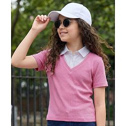 Pine Kids Cotton Knit Half Sleeves Solid Color Collar Top - Purple