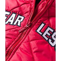 Pine Kids Woven Full Sleeves Solid Color Hooded Padded Jacket with Text Embroidery - Red