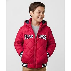 Pine Kids Woven Full Sleeves Solid Color Hooded Padded Jacket with Text Embroidery - Red