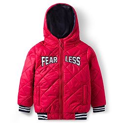 Pine Kids Woven Full Sleeves Solid Color Hooded Padded Jacket with Text Embroidery - Red