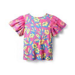 Pine Kids Cotton Knit Half Flutter Sleeves Top with Floral Print - Pink