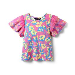Pine Kids Cotton Knit Half Flutter Sleeves Top with Floral Print - Pink
