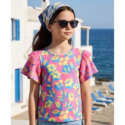 Pine Kids Cotton Knit Half Flutter Sleeves Top with Floral Print - Pink