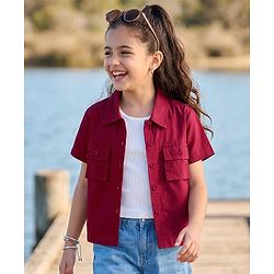 Pine Kids Cotton Woven Half Sleeves Solid Color Shrug with Pockets & Top - Wine & White