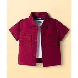 Pine Kids Cotton Woven Half Sleeves Solid Color Shrug with Pockets & Top - Wine & White