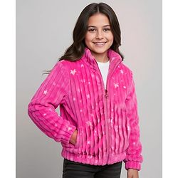 Pine Kids Woven Full Sleeves Winter Jacket With Star Print - Dark Pink