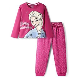 Pine Kids Disney Single Jersey Knit Full Sleeve Night Suit with Elsa Graphics - Dark Pink