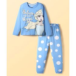 Pine Kids Disney Single Jersey Knit Full Sleeves Night Suit with Elsa Graphics - Light Blue