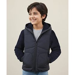 Pine Kids Woven Full Sleeves Solid Colour Hooded Padded Jacket - Navy Blue