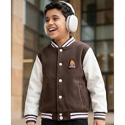 Pine Kids Woven Full Sleeves Bomber Jacket With Adventure Patch - Brown