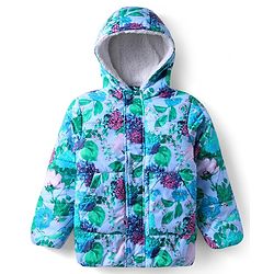 Pine Kids Woven Full Sleeves Hooded Padded Jacket With Floral Print - Aqua