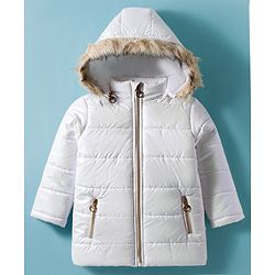Pine Kids Woven Full Sleeves Solid Hooded Padded Jacket - White