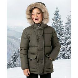Pine Kids Woven Full Sleeves Solid Hooded Padded Jacket - Olive Green