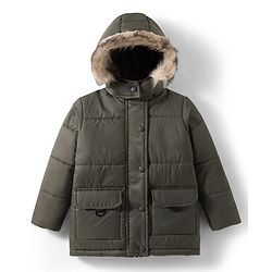 Pine Kids Woven Full Sleeves Solid Hooded Padded Jacket - Olive Green