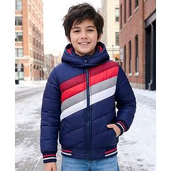 Pine Kids Woven Full Sleeves Striped Hooded Padded Jacket - Navy Blue