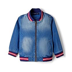 Pine Kids Cotton Woven Full Sleeves Washed Denim Bomber Jacket With Tape & Ribbed Detailing - Blue