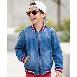 Pine Kids Cotton Woven Full Sleeves Washed Denim Bomber Jacket With Tape & Ribbed Detailing - Blue