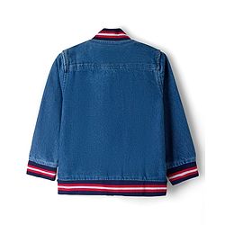 Pine Kids Cotton Woven Full Sleeves Washed Denim Bomber Jacket With Tape & Ribbed Detailing - Blue