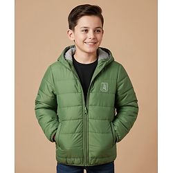 Pine Kids Woven Full Sleeves Solid Hooded Reversible Jacket - Green